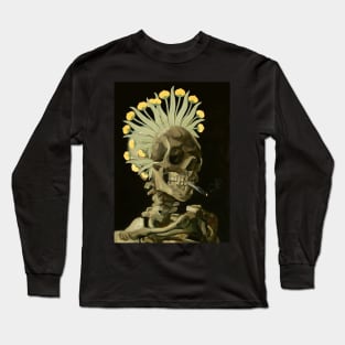 Smoking Skeleton with Floral Headdress Long Sleeve T-Shirt